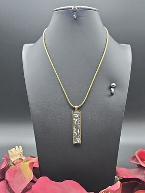 Hand Crafted | Brass-Tone |  Rectangular Floral | Glass Pendant Necklace